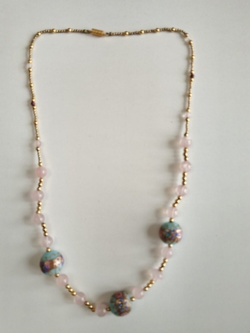 Vintage Murano Venetian Aqua Glass Gold Foil Bead Necklace Rose Quartz Beads - Picture 8 of 15